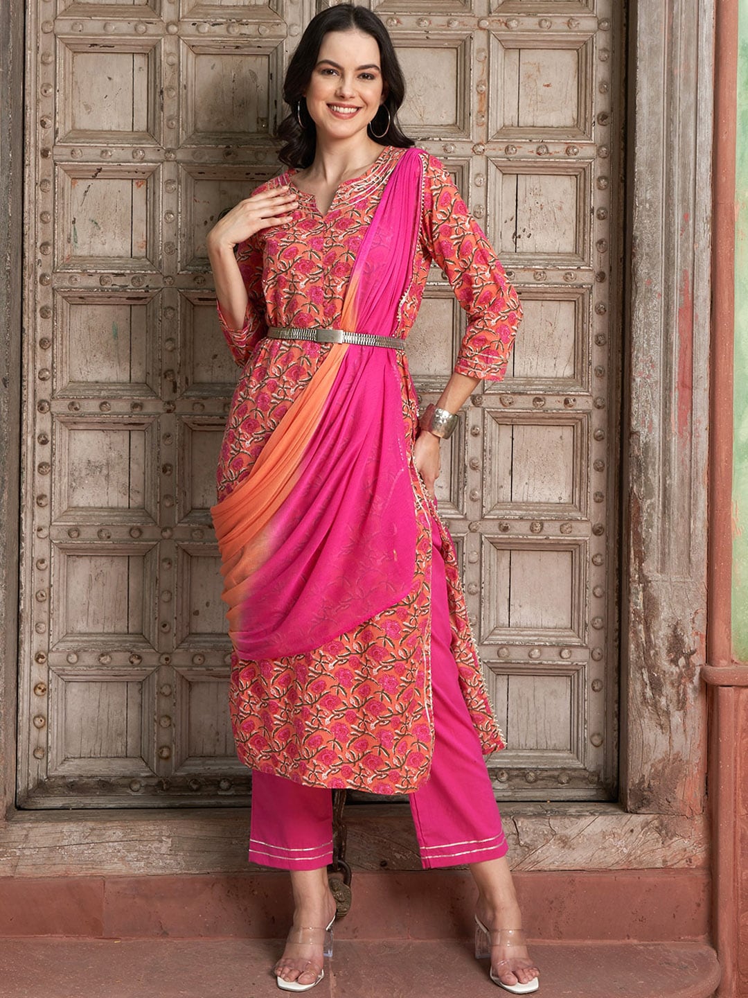 Sangria Floral Printed Gotta Patti Pure Cotton Straight Kurta with Trousers & Dupatta