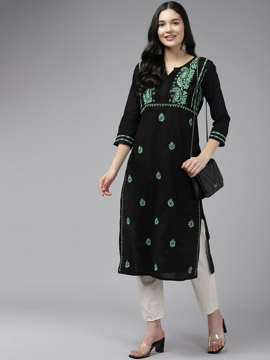 ADA Ethnic Motifs Embroidered Chikankari Cotton Straight Kurta
