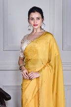 Morchari Yellow Chiffon Hand Embroidery Saree And Stitched Blouse - Distacart