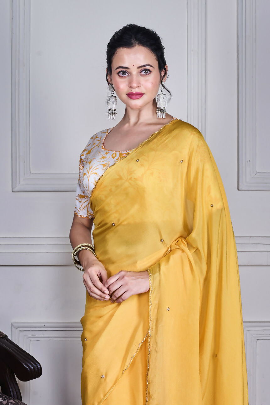 Morchari Yellow Chiffon Hand Embroidery Saree And Stitched Blouse - Distacart