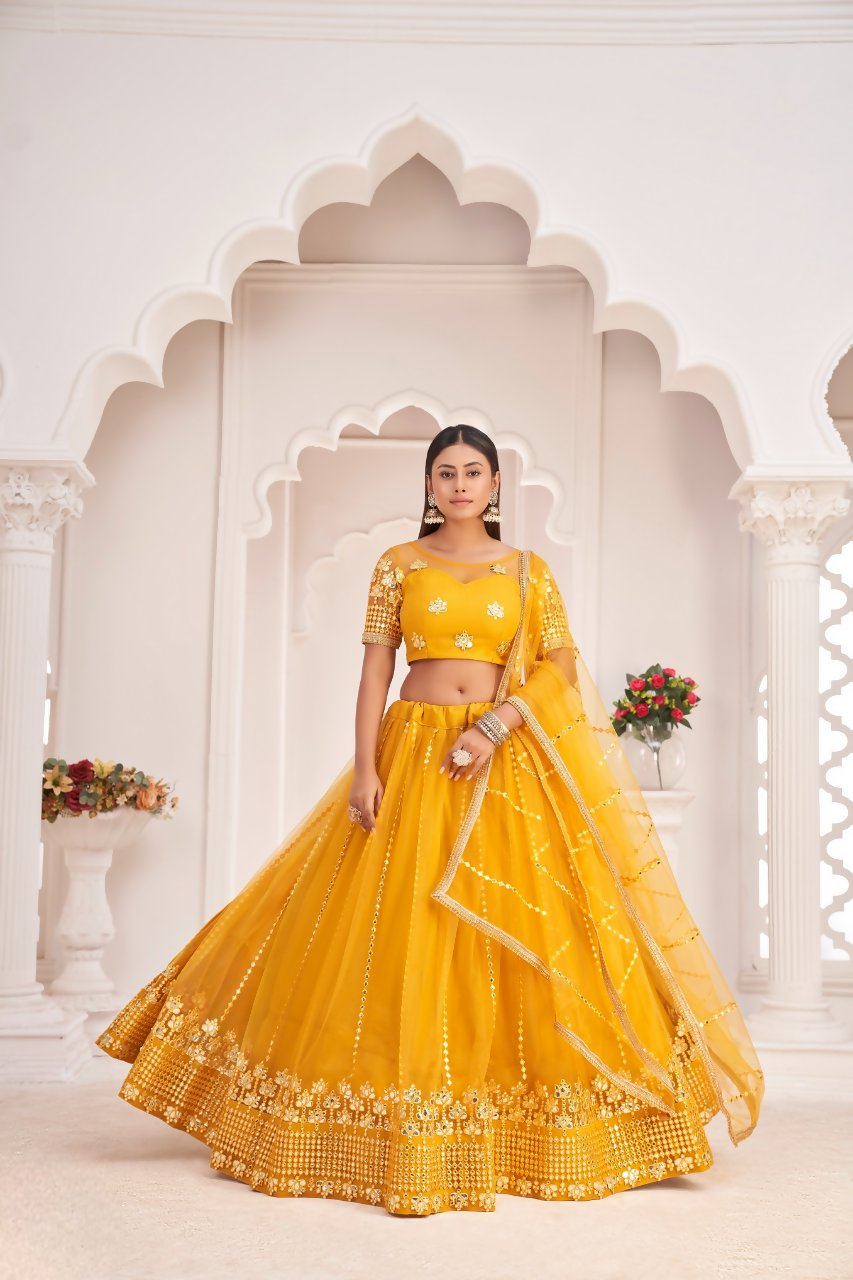 Eilara Women'S Mustard Yellow Butterfly Net Thread And Zari Sequence Embroidered Work Lehenga Choli For Party Wear