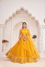Eilara Women'S Mustard Yellow Butterfly Net Thread And Zari Sequence Embroidered Work Lehenga Choli For Party Wear