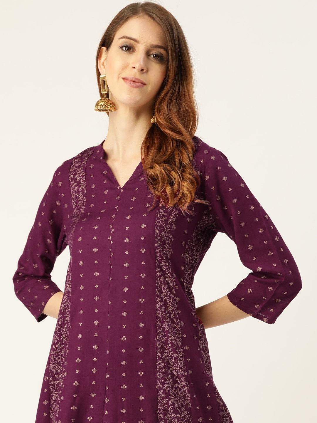 Sangria Women Wine-Coloured & Golden Khari Printed Kurta with Palazzos