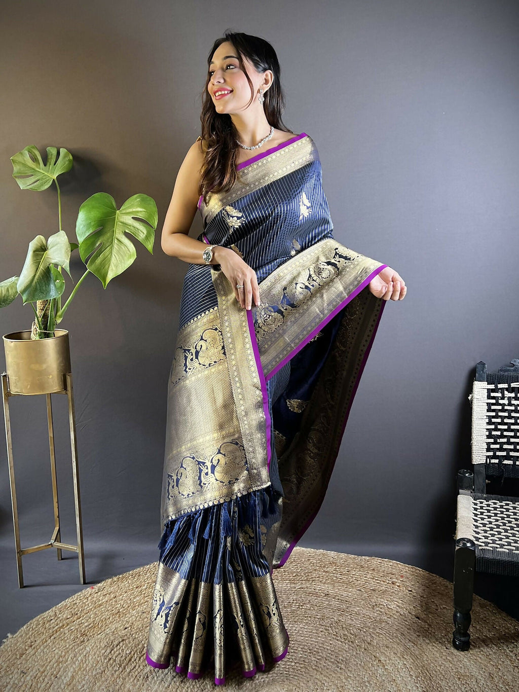 Joban Fashion Navy Blue Striped With Floral Motifs Soft Silk Leheriya Saree