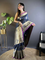 Joban Fashion Navy Blue Striped With Floral Motifs Soft Silk Leheriya Saree