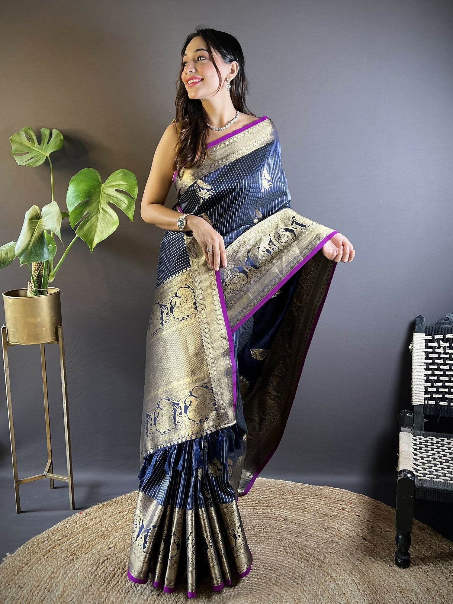 Joban Fashion Navy Blue Striped With Floral Motifs Soft Silk Leheriya Saree
