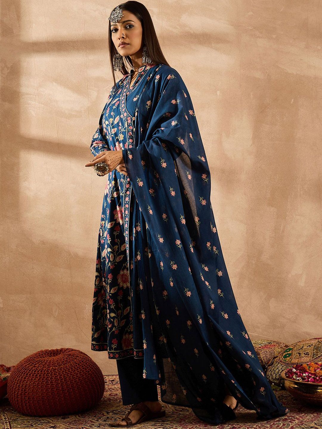 Indo Era Women Floral Printed Angrakha Beads and Stones Pure Cotton Kurta with Trousers & With Dupatta - Distacart