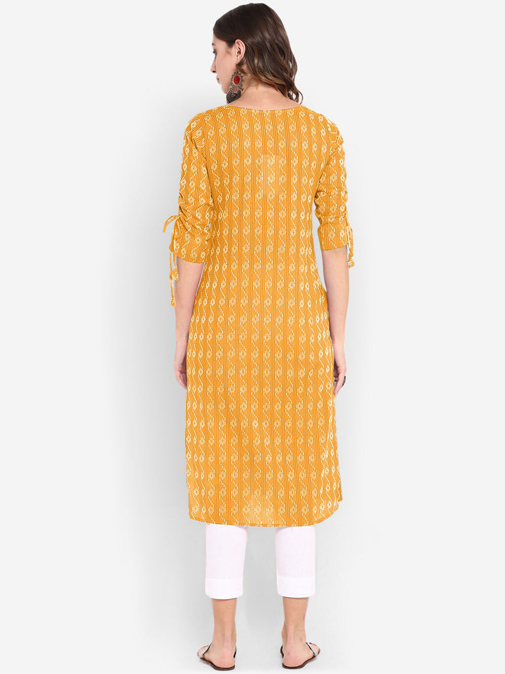 Janasya Yellow & Off-White Woven Design Straight Kurta - Distacart