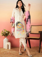 Sangria Off White Ethnic Motifs Self Design Thread Work Pure Cotton Pathani Kurta Sets