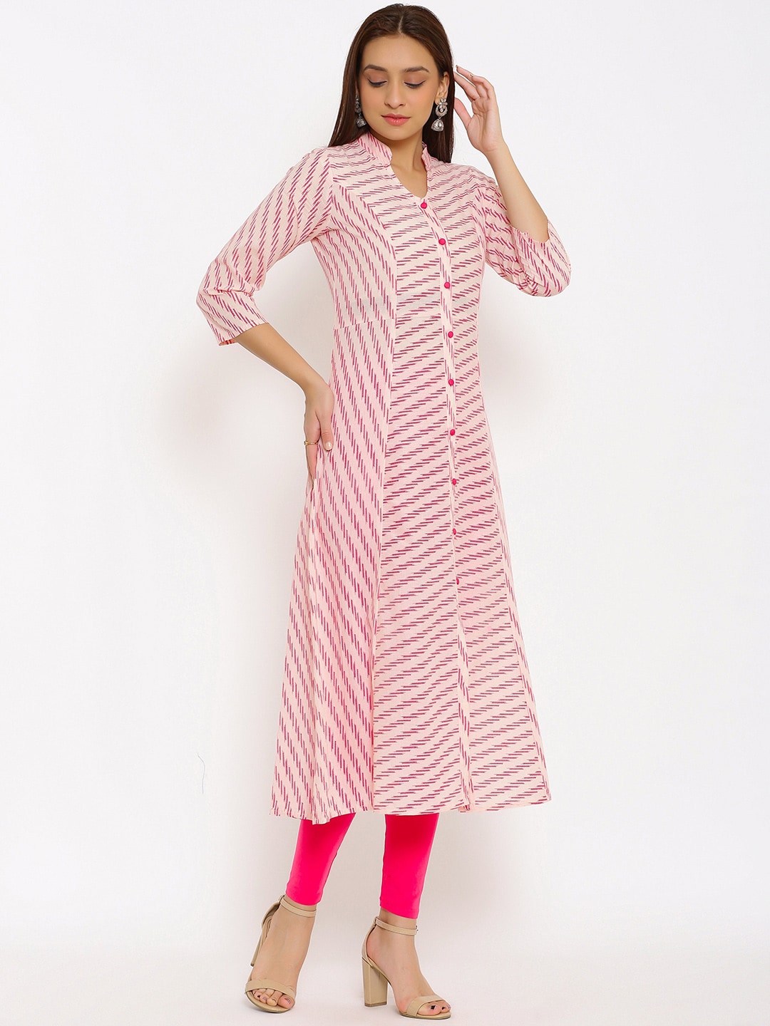 HERE&NOW Pink Mandarin Collar Striped A-Line Kurta