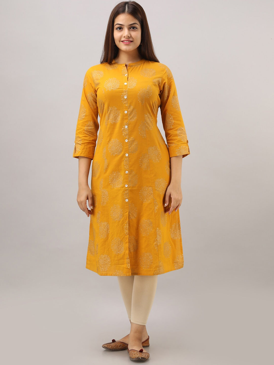 HERE&NOW Mustard Yellow Ethnic Motifs Printed A-Line Kurta