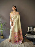 Joban Fashion Beige Jacquard Butti Soft Lichi Silk Paithani Saree - Distacart