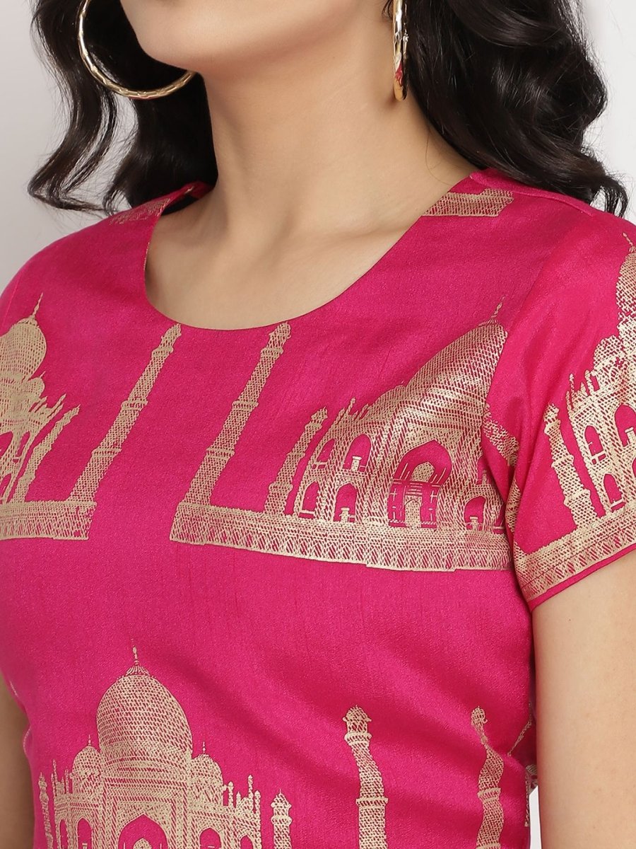 Ahalyaa Women's Pink Poly Silk Gold Foil Print Top With Skirt