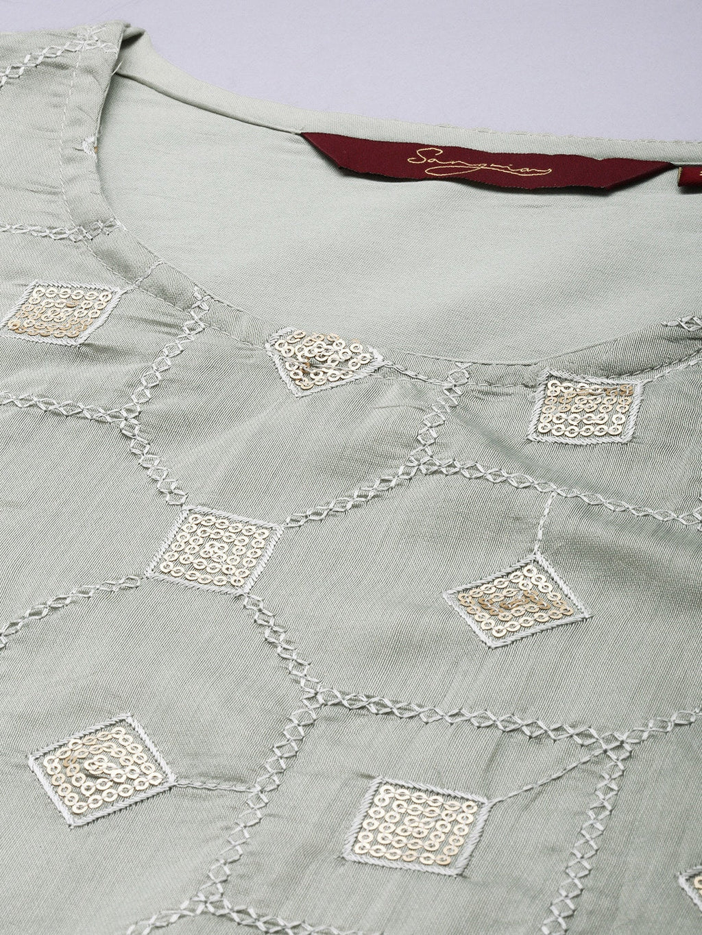 Sangria Women Grey Ethnic Motifs Embroidered Regular Sequinned Chanderi Silk Kurta with Palazzos & With