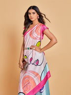 Sangria Pink & Blue Abstract Printed Satin Saree - Distacart