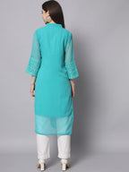 HERE&NOW Women Turquoise Blue Ethnic Motifs Embroidered Thread Work Georgette Kurta