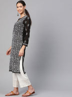 ADA Women Black & White Chikankari Hand Embroidered Semi-Sheer Straight Sustainable Handloom Kurta