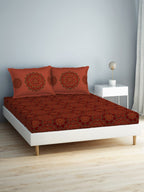 SPACES Aurum Red Ethnic Motifs Pure Cotton 140 TC Queen Bedsheet with 2 Pillow Covers