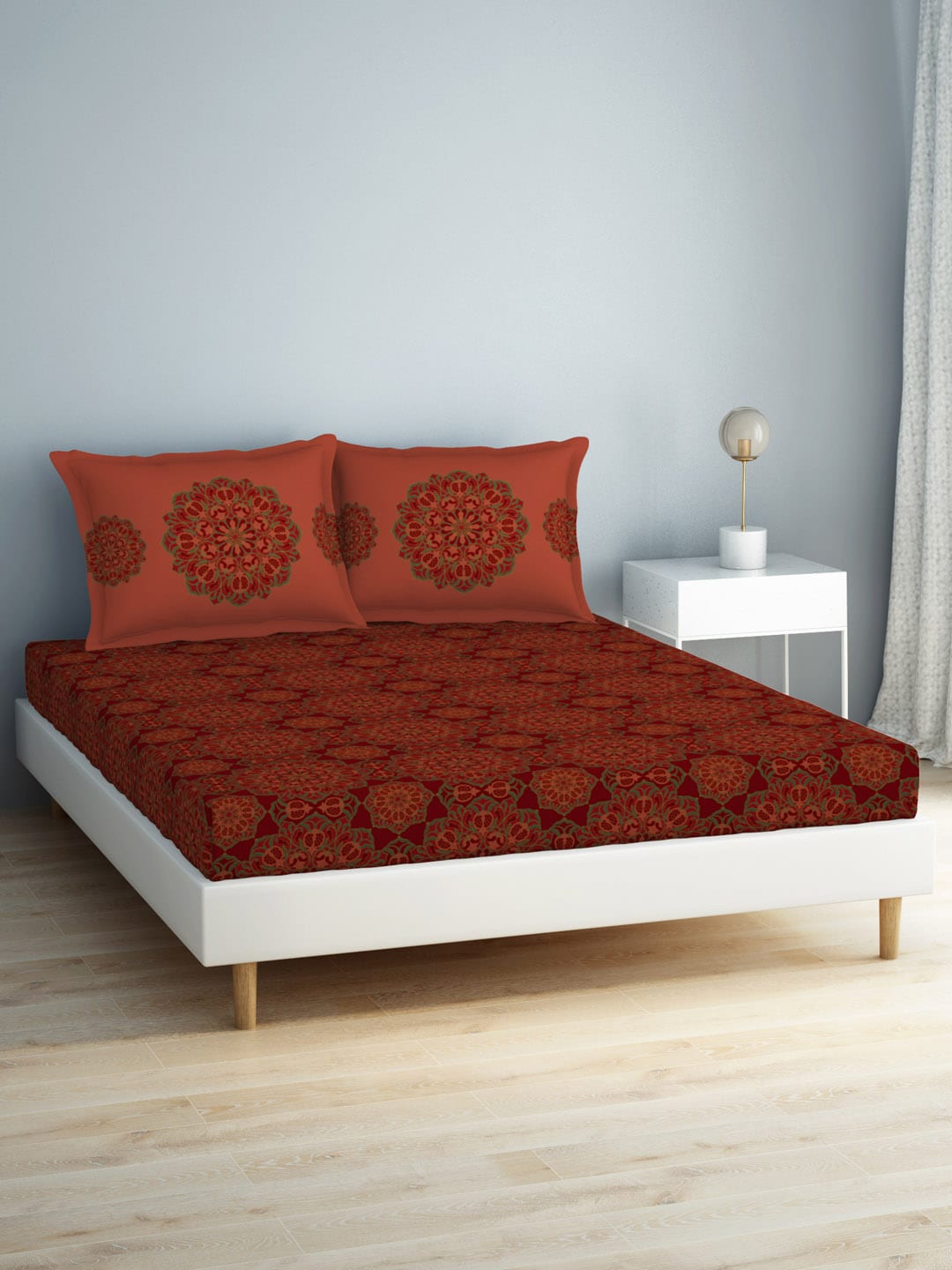 SPACES Aurum Red Ethnic Motifs Pure Cotton 140 TC Queen Bedsheet with 2 Pillow Covers