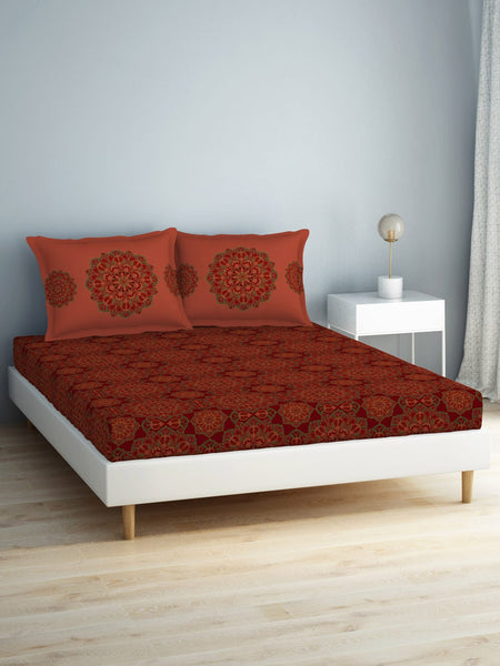 SPACES Aurum Red Ethnic Motifs Pure Cotton 140 TC Queen Bedsheet with 2 Pillow Covers