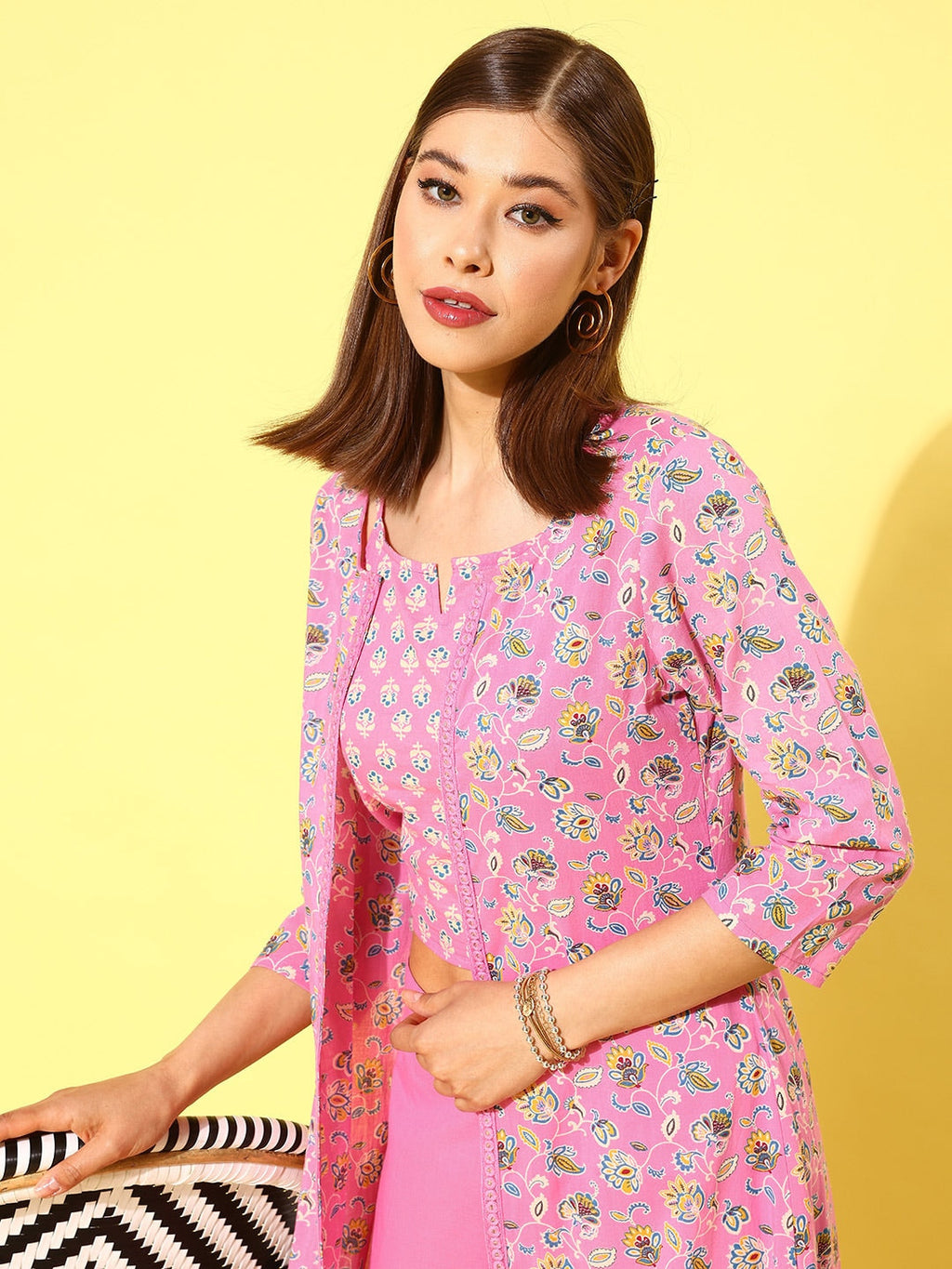 HERE&NOW Women Pink Floral Printed Regular Pure Cotton Kurta with Palazzos
