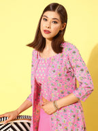 HERE&NOW Women Pink Floral Printed Regular Pure Cotton Kurta with Palazzos