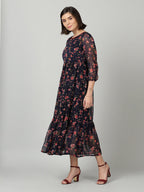 Souchii Women Navy Blue & Red Floral Chiffon A-Line Tiered Dress - Distacart