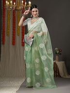 Saree Mall Olive Green & White Paisley Embroidered Organza Banarasi Sarees - Distacart