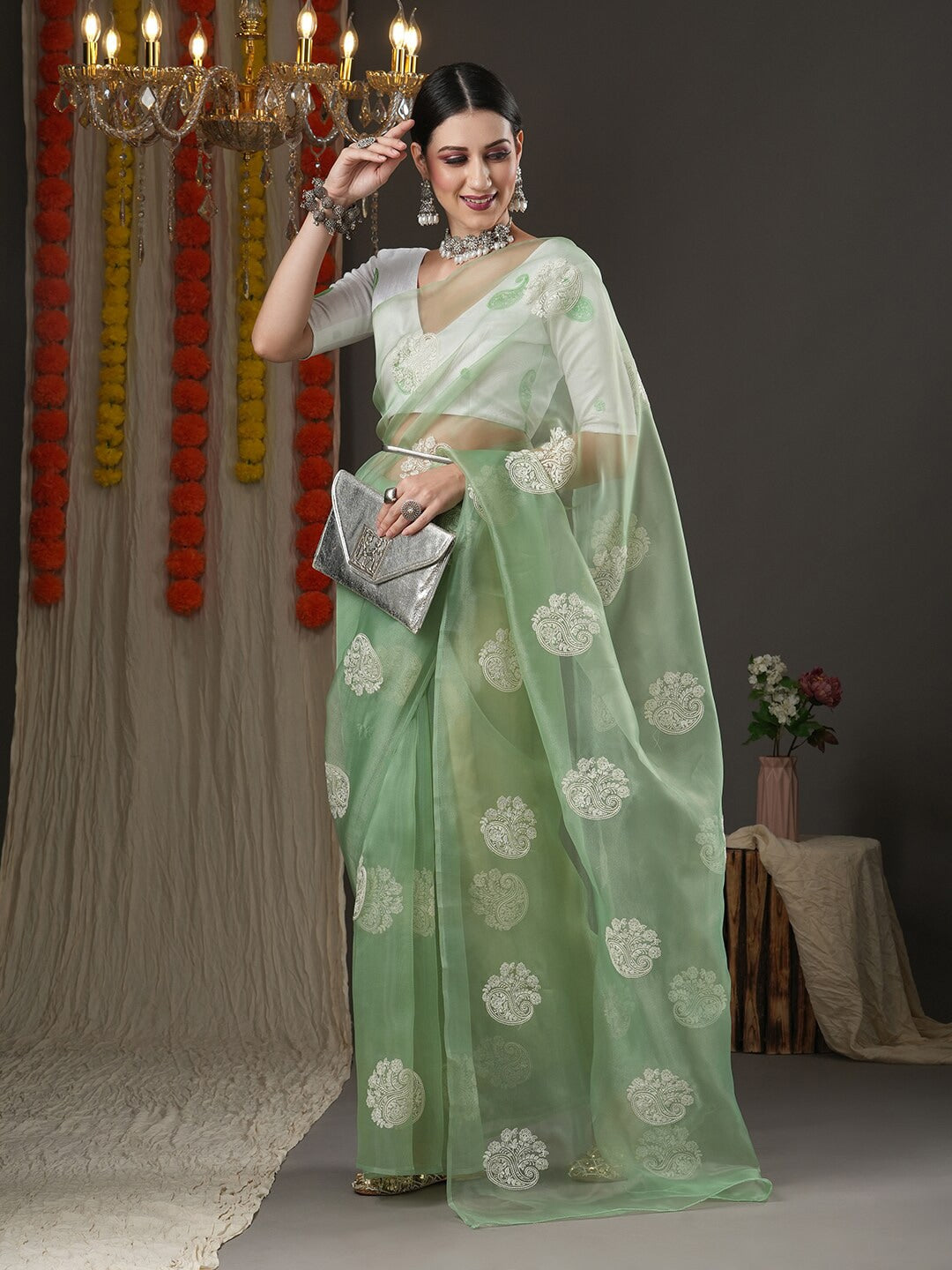 Saree Mall Olive Green & White Paisley Embroidered Organza Banarasi Sarees - Distacart