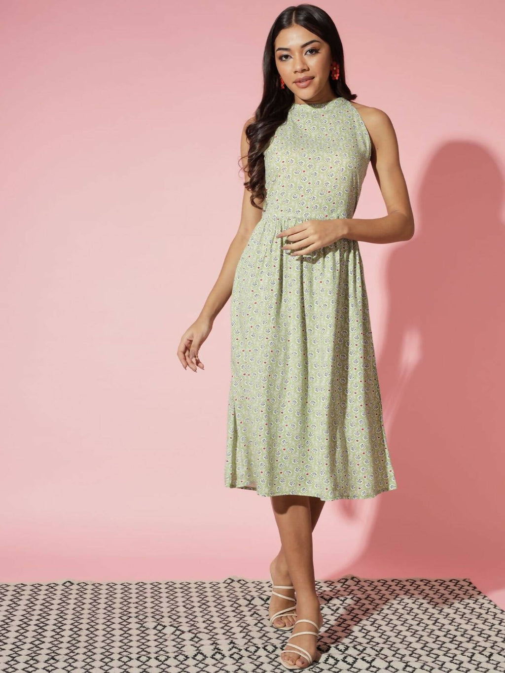 Myshka Women Ethnic Motifs Rayon A-Line Round Neck Green Dress - Distacart