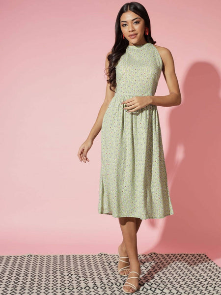 Myshka Women Ethnic Motifs Rayon A-Line Round Neck Green Dress