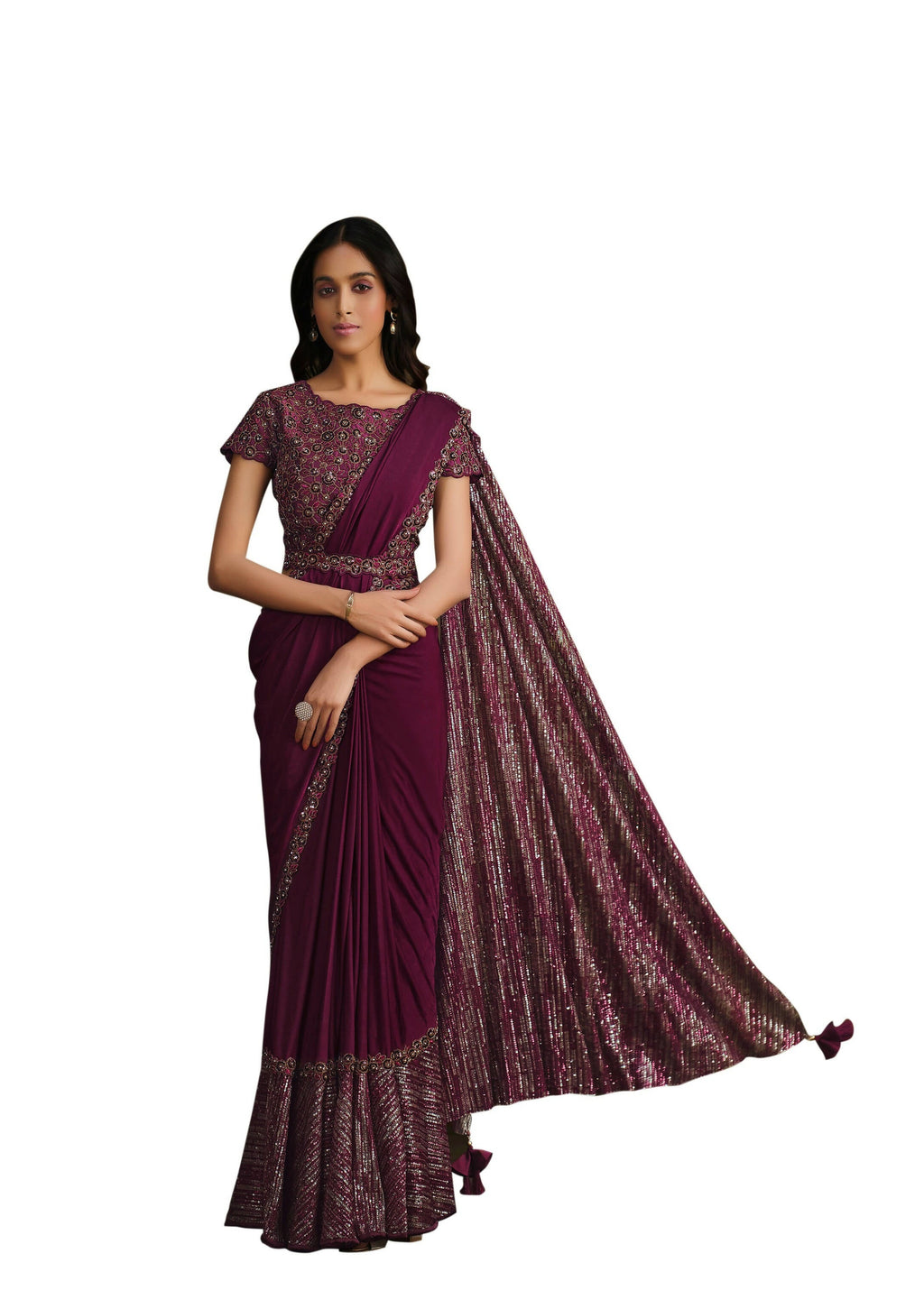 Maroon Crystal Silk Sequence Embroidered Saree With Stitched Blouse - Mohmanthan La Belle