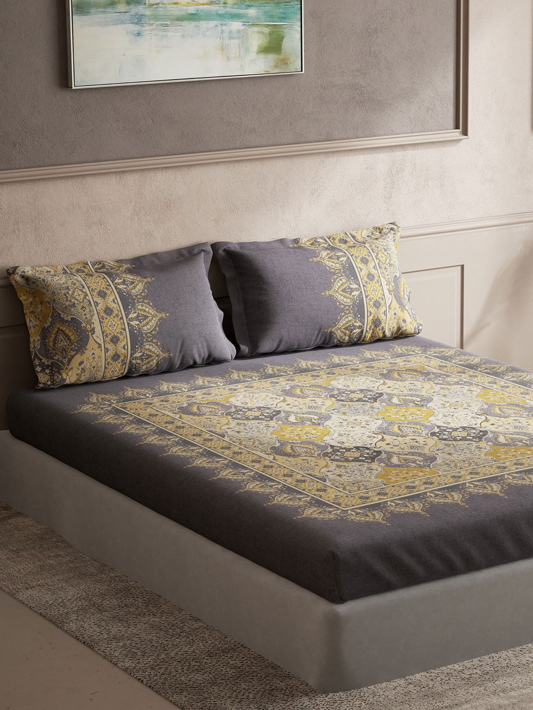 DDecor Grey & Yellow Ethnic Motifs Cotton 140 TC King Bedsheet With 2 Pillow Covers - Distacart