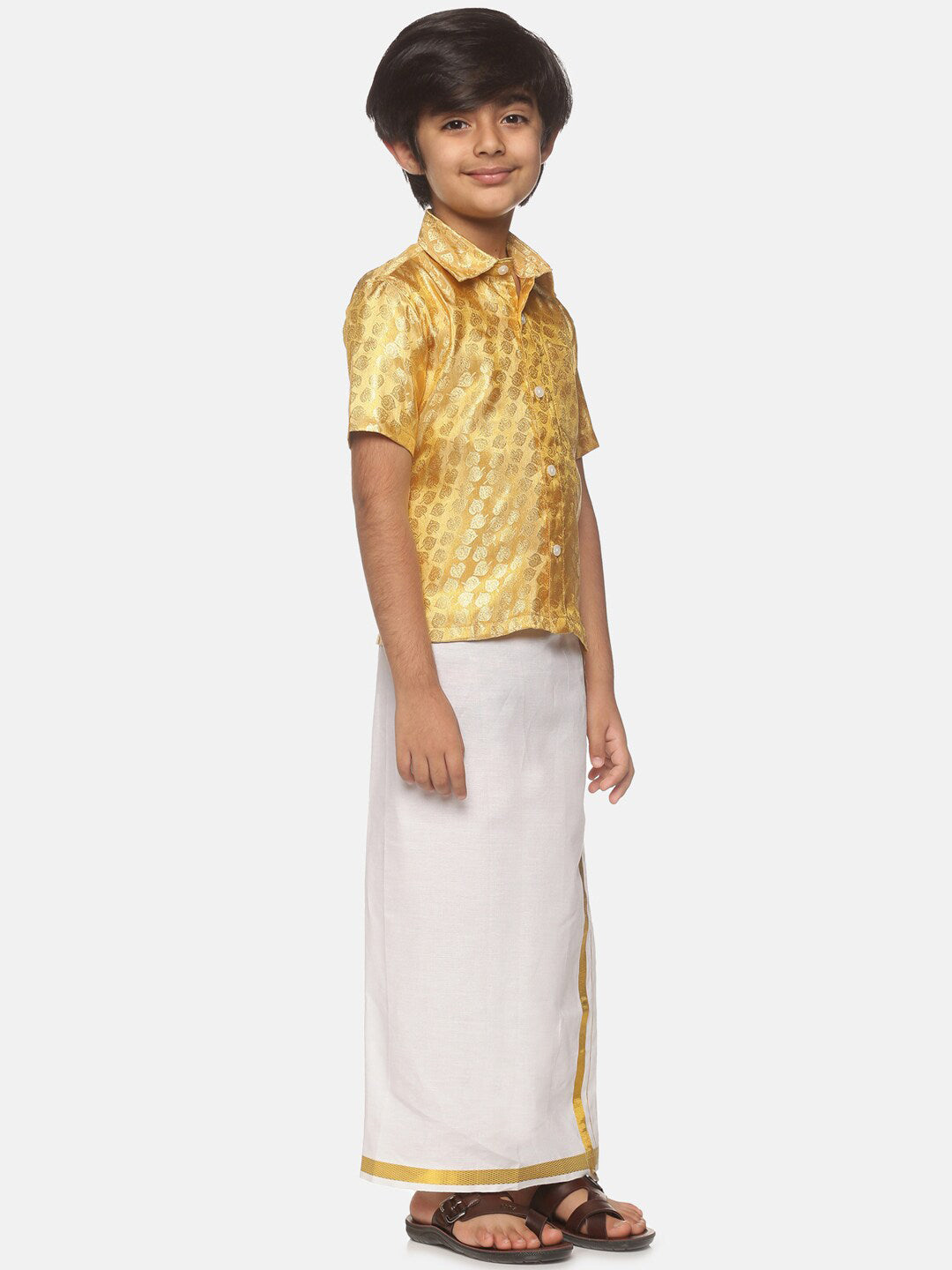 Sethukrishna Boys Gold-Toned & White Solid Shirt and Dhoti Set