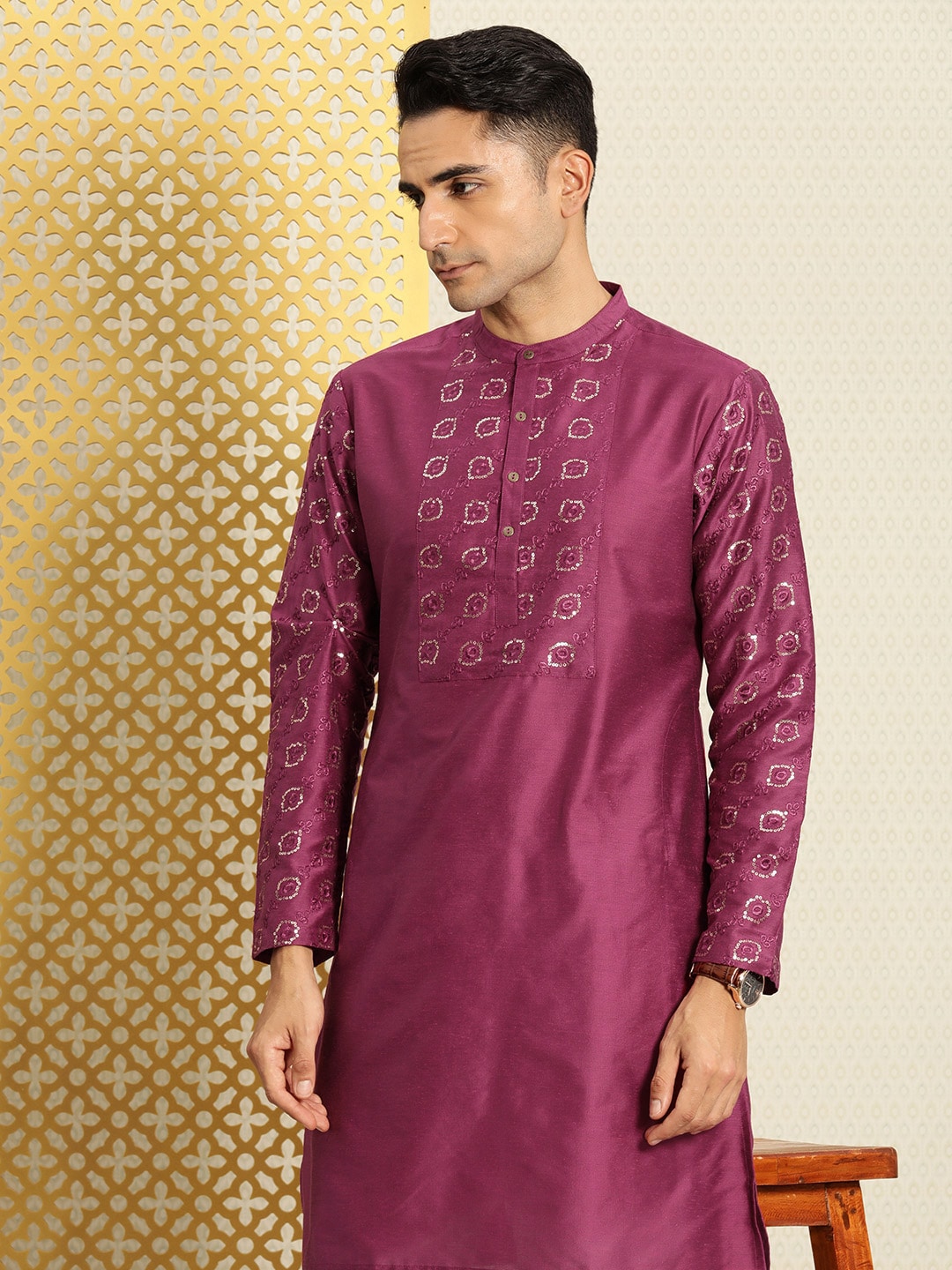 House of Pataudi Jashn Ethnic Motifs Yoke Design Sequinned Kurta