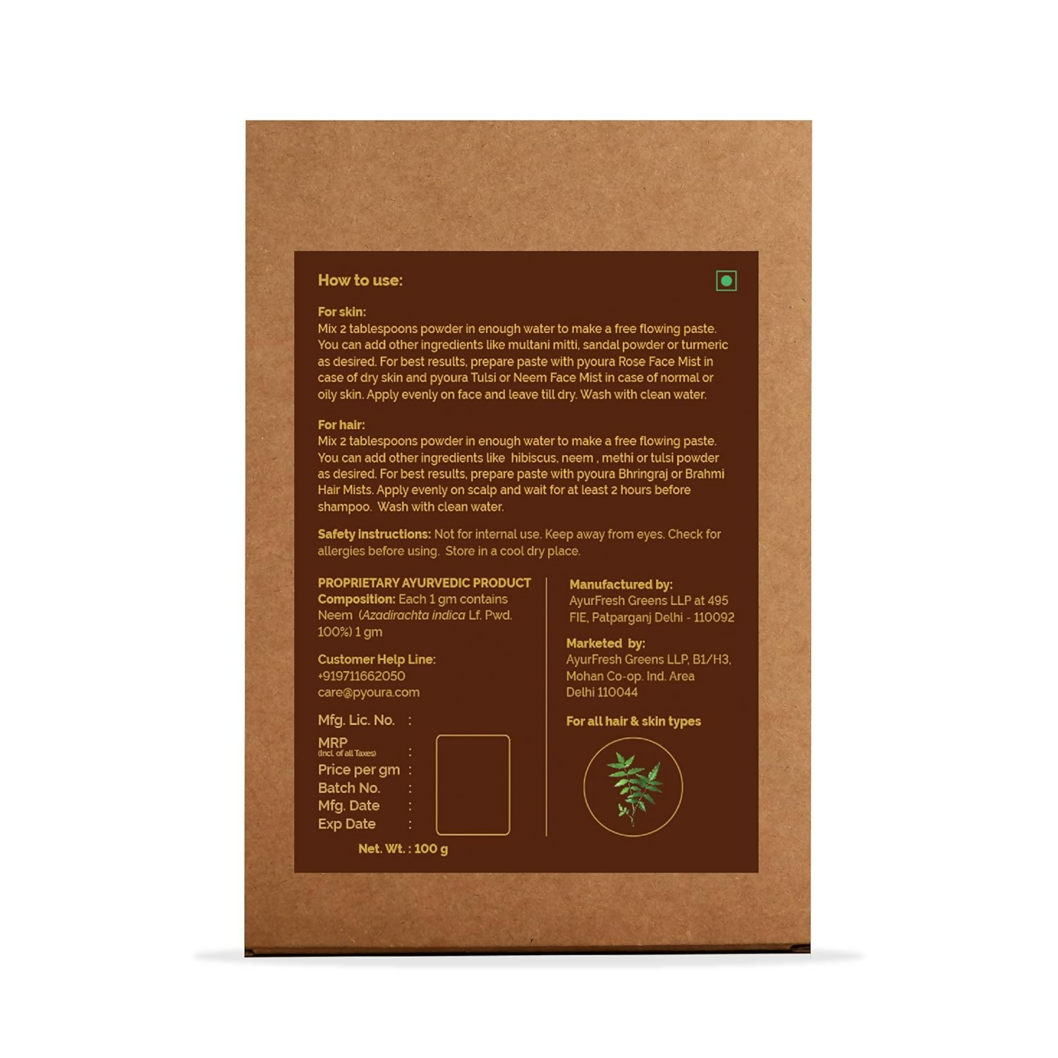 Pyoura Neem Leaf Powder 100% Pure & Natural Hygienically Dried Pack For Healthy Scalp & Strong Hair