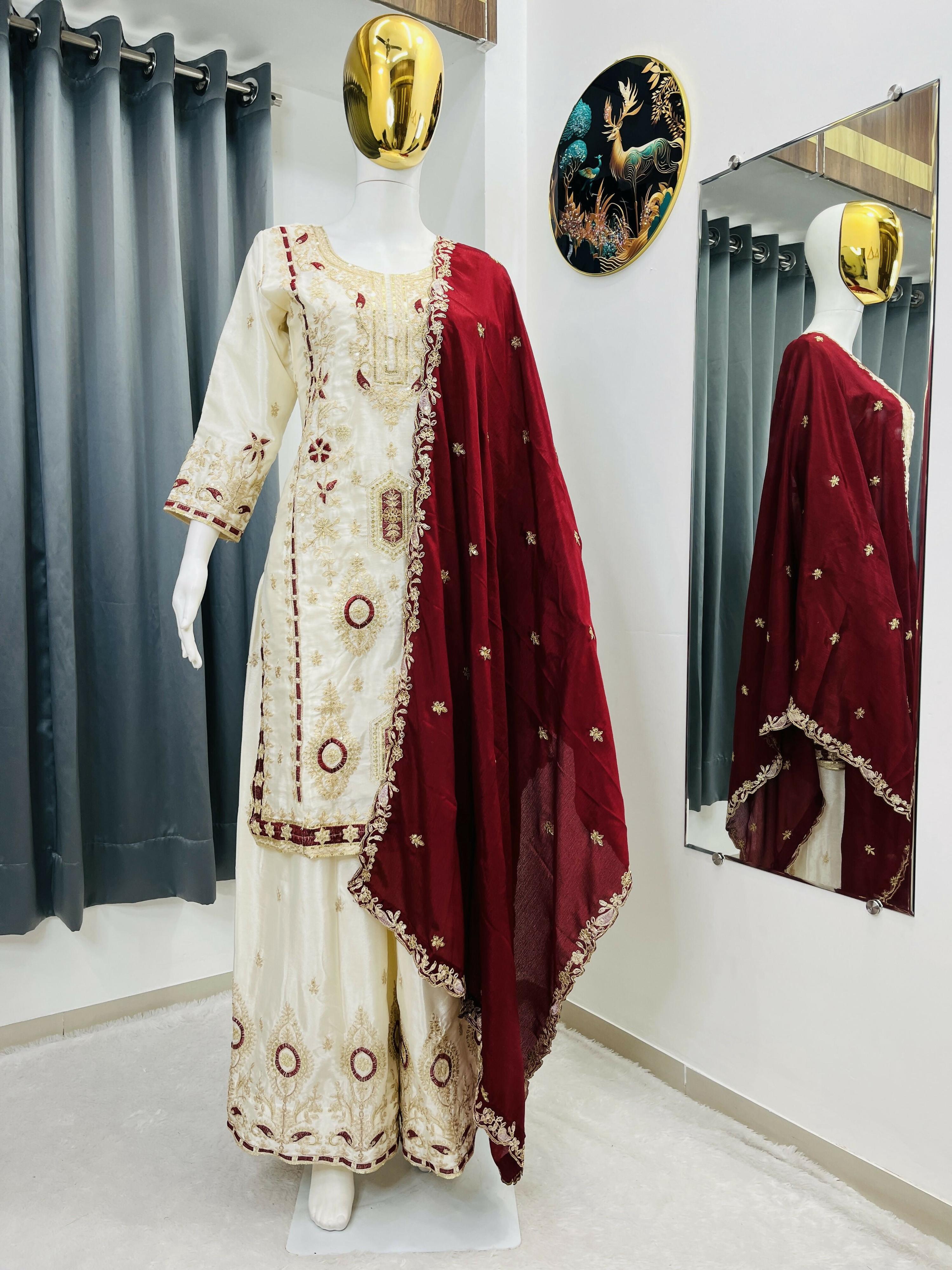 Teeya Creation White Color Chinon Silk Party Wear Trending Palazzo Set - Distacart
