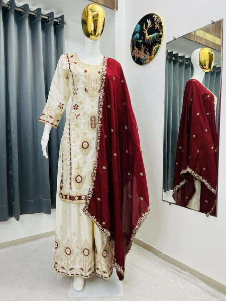 Teeya Creation White Color Chinon Silk Party Wear Trending Palazzo Set