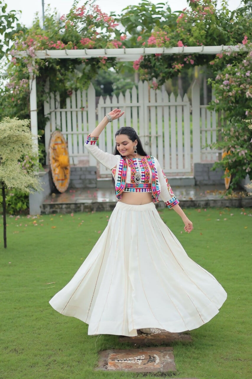 Teeya Creation White Colour Roman Silk With Gamathi Work Navratri Lehenga Choli