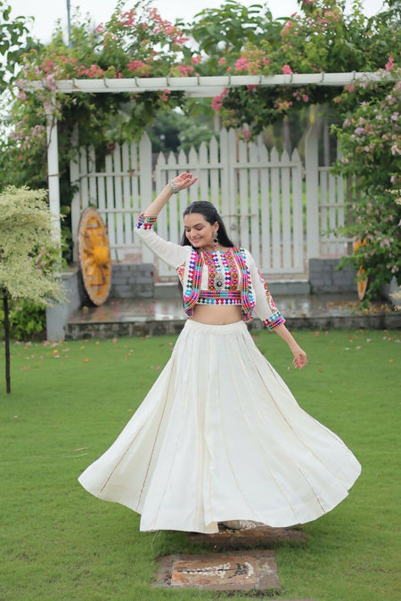 Teeya Creation White Colour Roman Silk With Gamathi Work Navratri Lehenga Choli