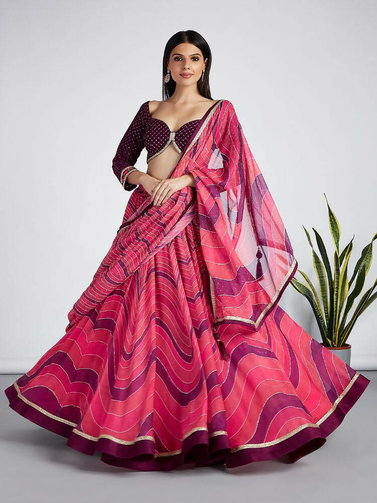 House of Panchhi Rose Organza Siroski Stone Work Leheriya Print Lehenga Choli & Dupatta