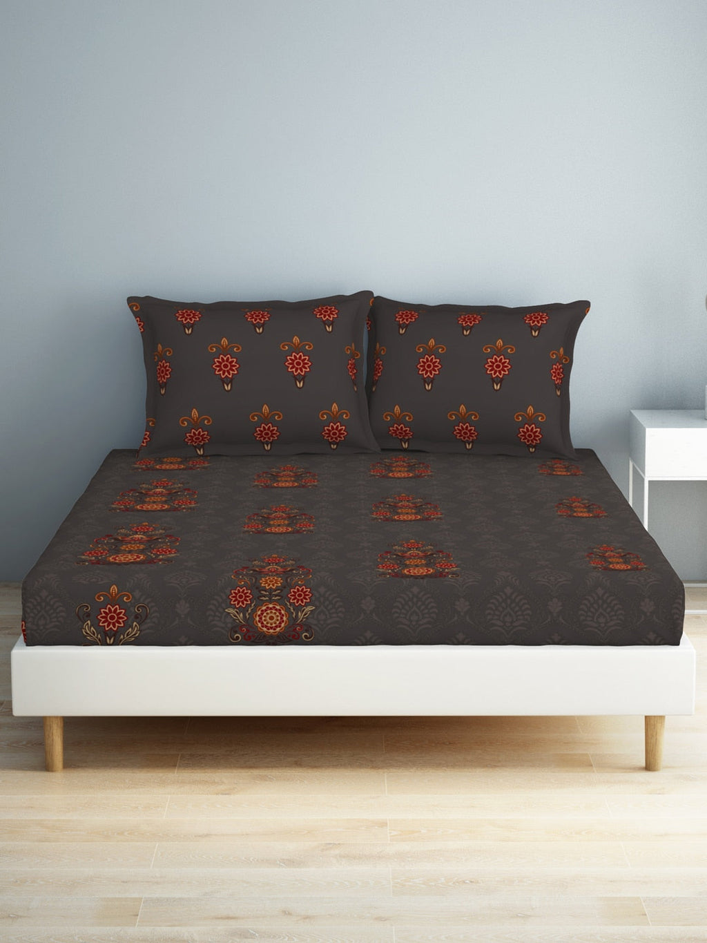 SPACES Aurum Grey Ethnic Motifs Pure Cotton 140 TC Queen Bedsheet with 2 Pillow Covers
