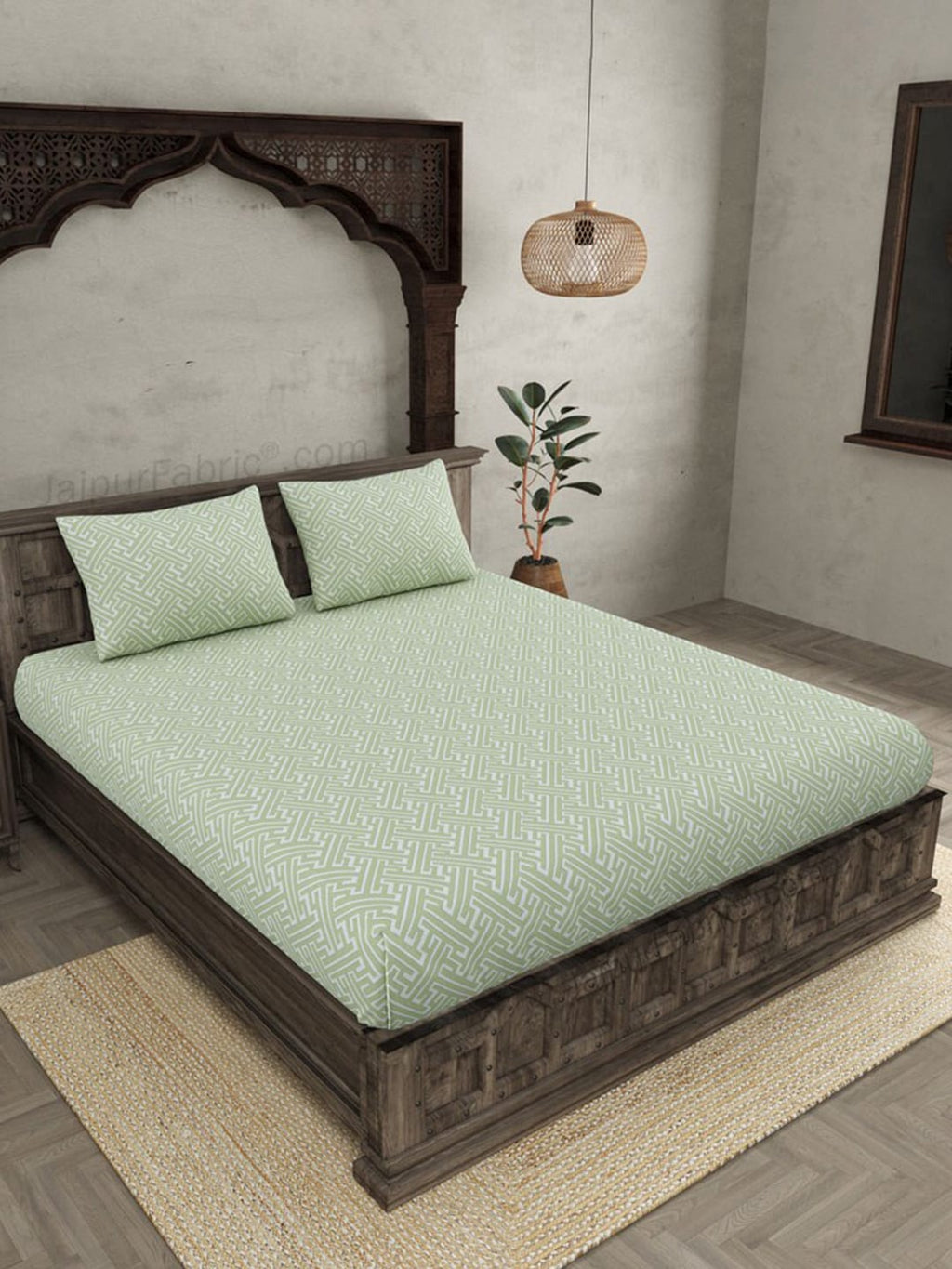 JAIPUR FABRIC Green & White Ethnic Motifs 250 TC Cotton King Bedsheet with 2 Pillow Covers