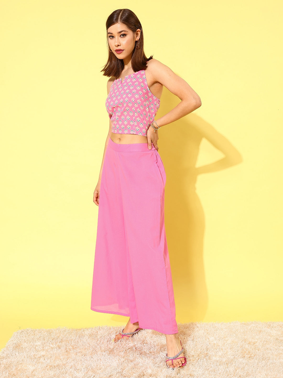 HERE&NOW Women Pink Floral Printed Regular Pure Cotton Kurta with Palazzos
