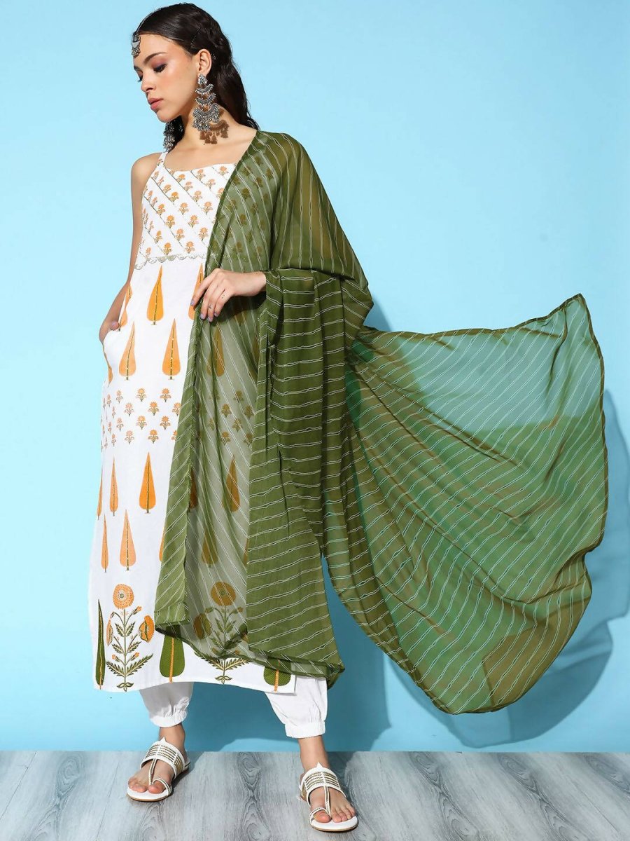 Ahalyaa Women's White Colour Pure Cotton Pigment Printed Kurta Pant Set With Dupatta - Distacart