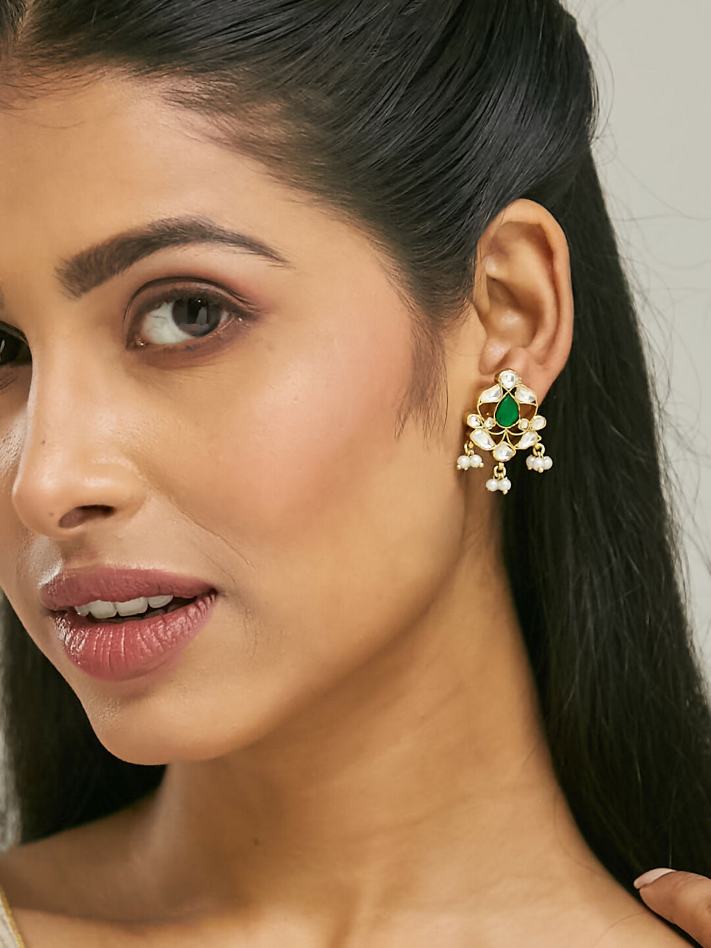 Nuyug 22K Gold-Plated Elegant Kundan & Green Stone Studded Pearl Drops Studs - Distacart