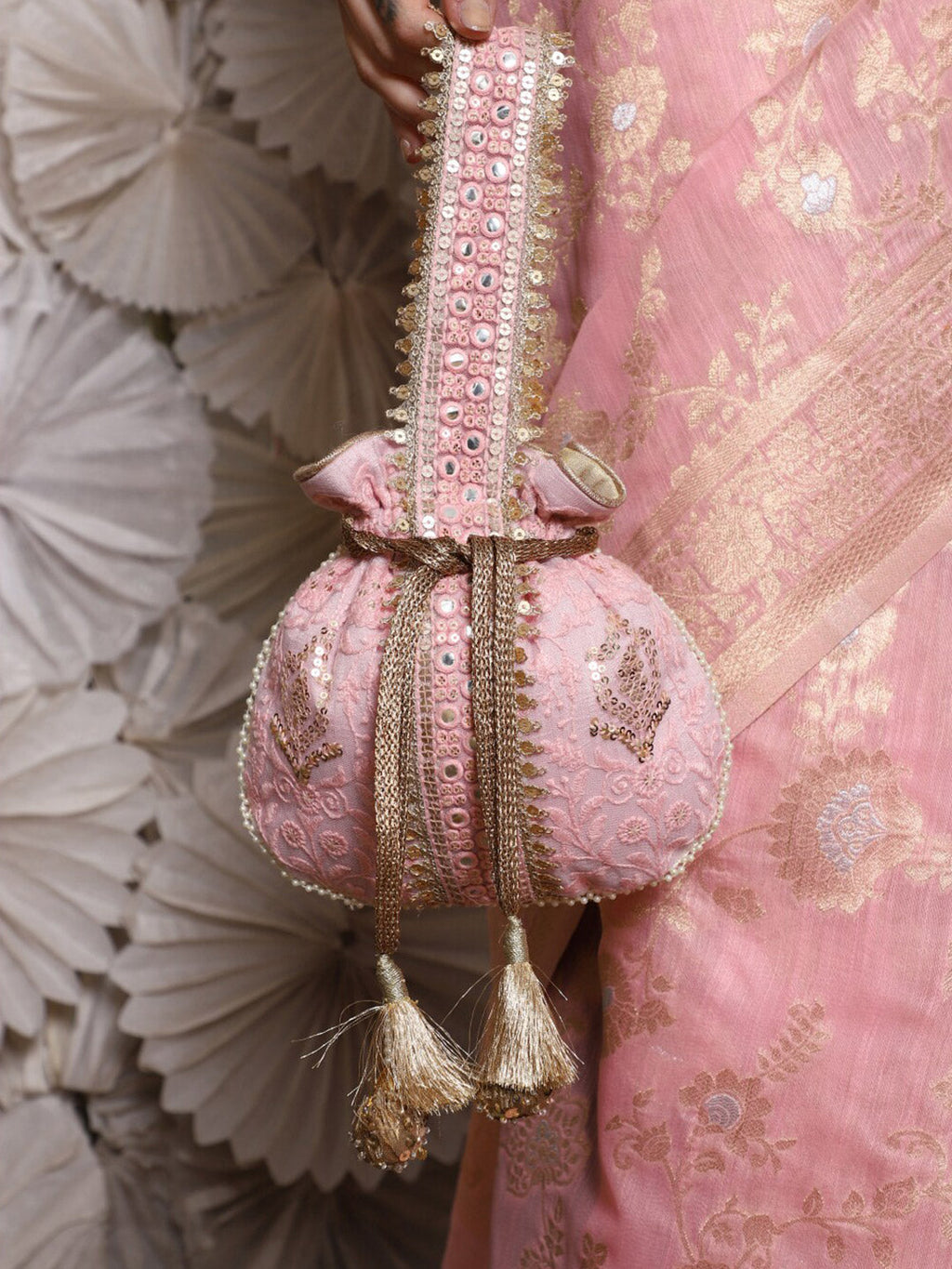Masq Pink and Gold-Toned Embroidered Potli Clutch - Distacart