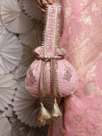 Masq Pink and Gold-Toned Embroidered Potli Clutch - Distacart