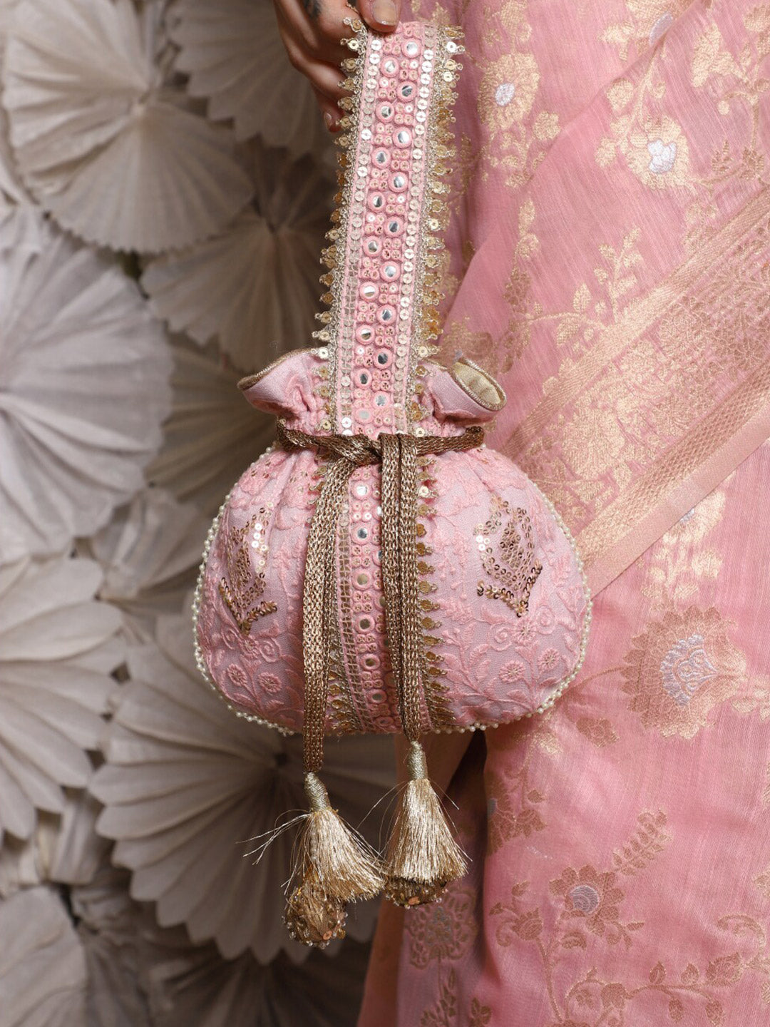 Masq Pink and Gold-Toned Embroidered Potli Clutch - Distacart
