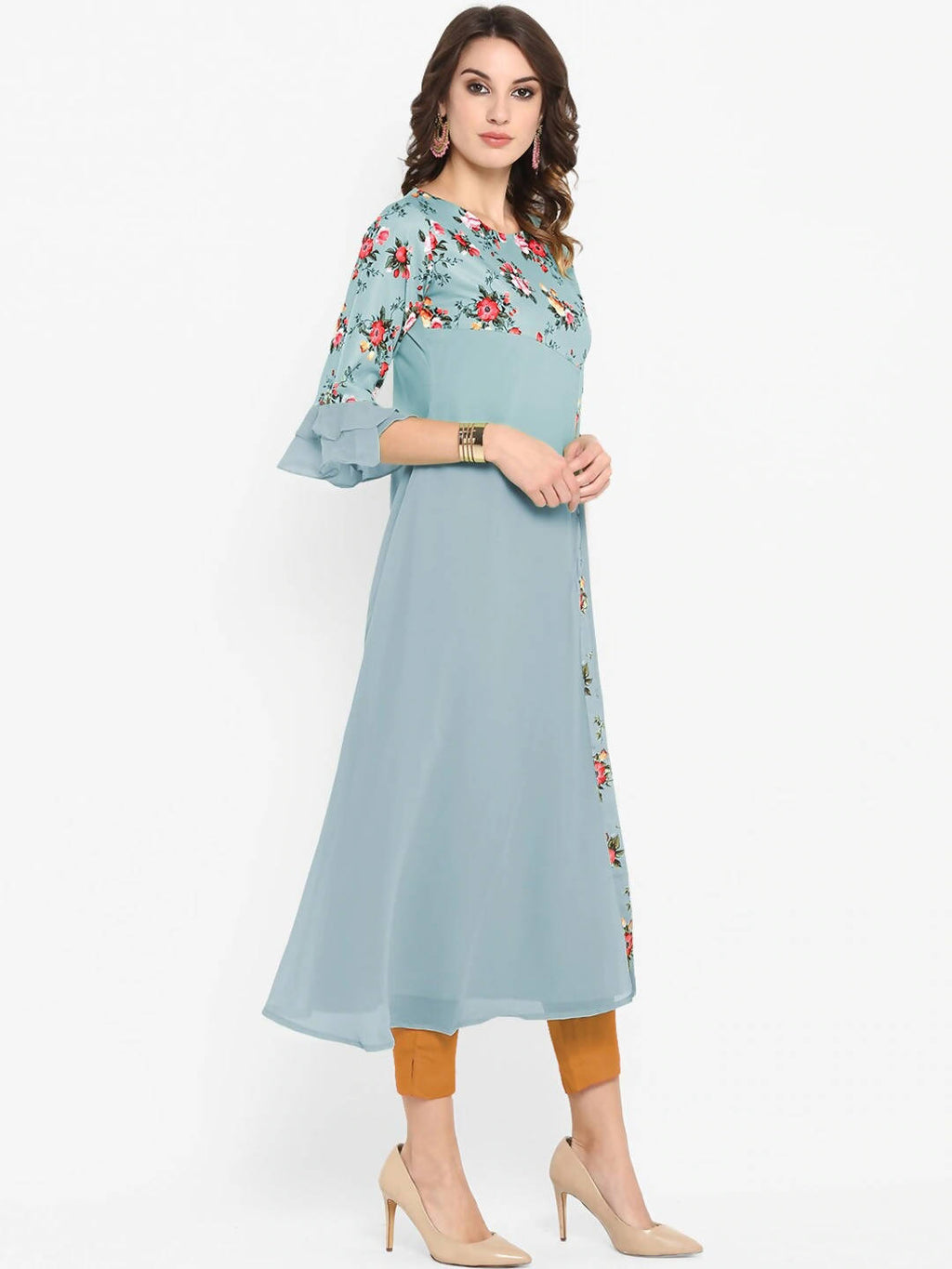Janasya Blue Floral Embroidered Flared Sleeves Thread Work Crepe Anarkali Kurta - Distacart